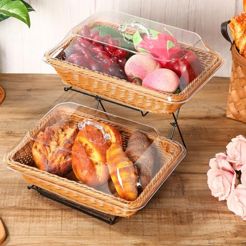 Ziliny 2 Pack Wicker Bread Basket for Serving, Imitation Rattan Bread Basket with Acrylic Lid and Metal Display Stand Rectangle Woven Fruit Basket with Cover for Food Display Tabletop 13.78 x 9.84''