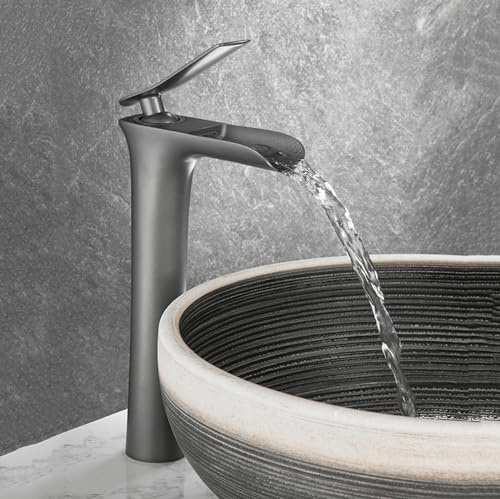 Waschtischarmatur Hoch Wasserfall, Offener Warm Und Kaltwasserhahn Bad Armaturen Waschbecken, Einhebelmischer Aus Messing,grau,hoch