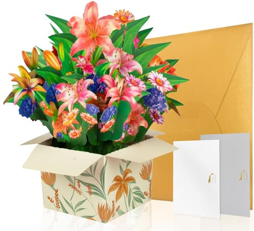 GREETING ART Pop-Up Blumen Karte – Blume mit Lilien,3D Hochzeitskarte mit Lilien & Gänseblümchen, 3D Geschenkkarte zum Geburtstag, als Gutschein oder zur Genesung, Blumen Grußkarte