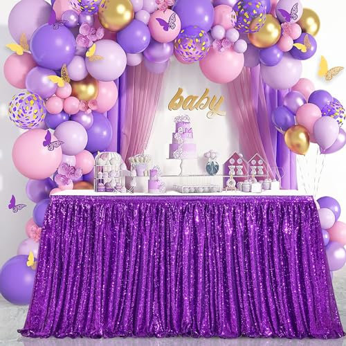 QueenDream Violette Pailletten-Tischröcke für rechteckige Tische, 1,8 m, glitzernde Party-Tischdecke, Babyparty, Geburtstagsdekorationen