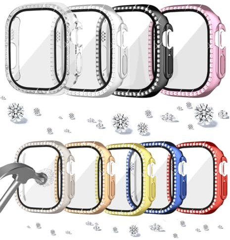 DEALELE [8-PACK] Uhrengehäuse Kompatibel mit Apple Watch Ultra 3 / Ultra 2 / Ultra 49mm, Glitzer Einfachreihiger Diamant Schutzhülle mit Gehärtetem Glas Displayschutz für Damen Herren (49mm, 8 Farben)