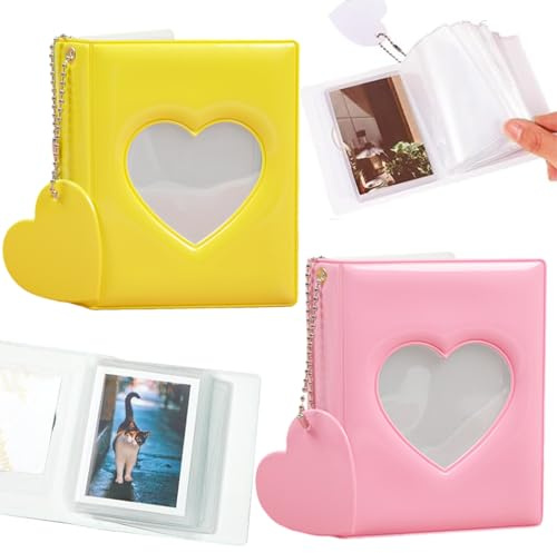 Mini-Fotoalbum 2 Set Photocard Binder Mini Einsteckalbum Fotokarten | 3 Zoll Kpop Photocard Fotokartenhalter Herzform Liebesherz Fotohüllen zum Aufbewahren von Fotos, Ausweisen, Karten(Rosa Gelb)