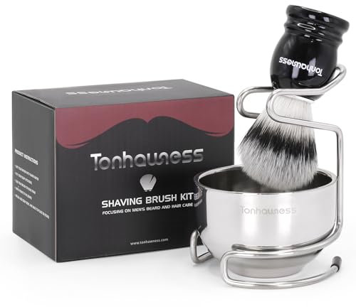 Shaving Brush Kit for Men, 3 in 1 Shaving Brush Set Includes Nylon Bristles Shaving Brush, 3 Layers Stainless Steel Shaving Bowl and Integrated molding Shaving Stand for Men’s Shave Gift (Black-B)