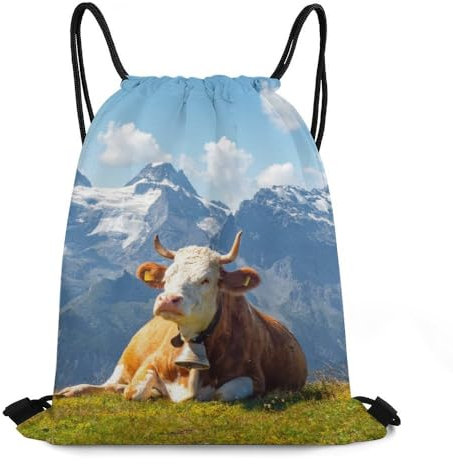 Zhimahou Turnbeutel mit Kordelzug, braun-weiß, Schweizer Kuh mit Kuhglocke, liegender Sportrucksack, String, Schwimmen, Kordelzugbeutel für Damen und Herren, wasserdicht, Reisen, Strand, Schultasche,