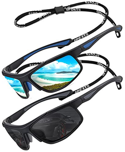 Perfectmiaoxuan Sportliche Sonnenbrille Herren Damen Polarisiert Zum Angeln Fahren Wandern Urlaub Leicht Bruchsicher Wickelrahmen Sunglasses Lanyard Brille, T Schwarz+Blau, T Schwarz+Blau