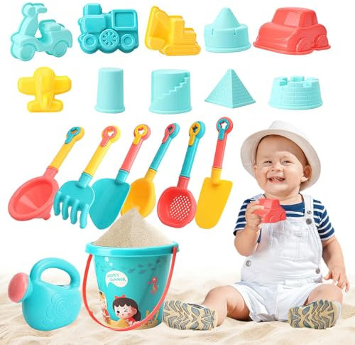 Koolbitz Beach Play Set for Kids 18-Piece Magic Motion Sand Toy with Sandpit Bucket, Watering Can, Shovels, Castle Molds, Digger - Kids Beach Toy Garden Playset, Sandbox Fun Summer