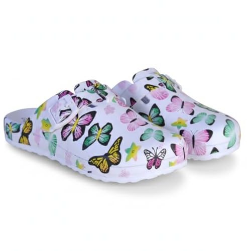 Linea7 Zuecos Comfort Decorado de Pasear y Ocio Comodidad Hospital Hogar Cocina e Jardín (Blanco con Mariposas, Sistema Tallas Calzado EU, Adulto, Mujer, Números, Mediano, 37)