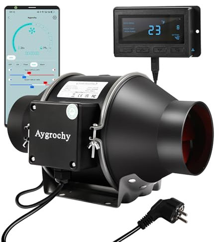 Aygrochy 6 inch wifi APP inline fan with Temperature and Humidity controller, Extractor Fan for Booster, Growth Tents, Ventilation and exhaust fan.