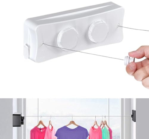 JINYOMFLY Stendibiancheria Retrattile, Acciaio Inossidabile Corda da bucato riavvolgibile 2 * 5.1m, Corda Stendibiancheria Estensibile, Corda per Biancheria Retrattile, per Interni/Esterni (Bianco 1)