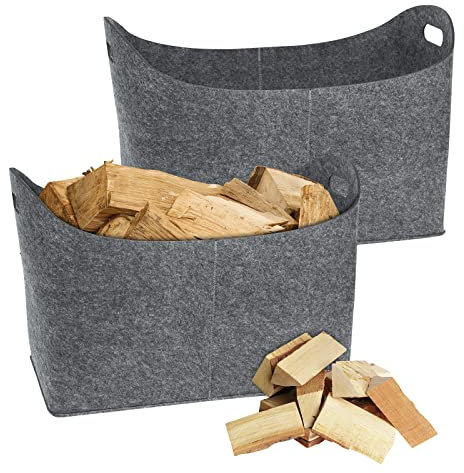 FIVMEN Holzkorb aus Extradickem Filz Faltbar mit Tragegriffen Filzkorb Filztasche Shopper Groß Kaminholzkorb Brennholzkorb Einkaufstasche 55x30x40 cm, 2 Stück Mittelgrau