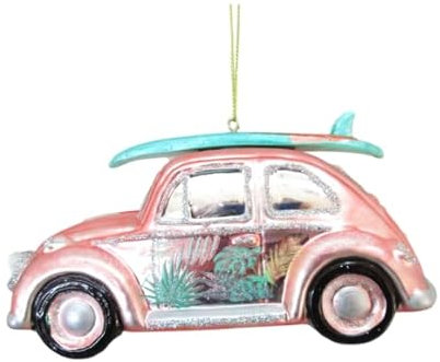 Weihnachtskugel, Volkswagen Auto Koralle mit Surfbrett, Pailletten, 14 cm lang, 7 cm breit, 7 cm hoch, schöne Verarbeitung