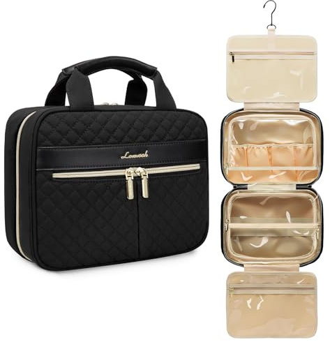 LOVEVOOK Toiletry Bag for Women, Large Toiletries Makeup Bags with Hook, Hanging Travel Wash Bag, Waterproof Cosmetic Organizer Ladies for Full Sized Container Vacation Essentials, Black