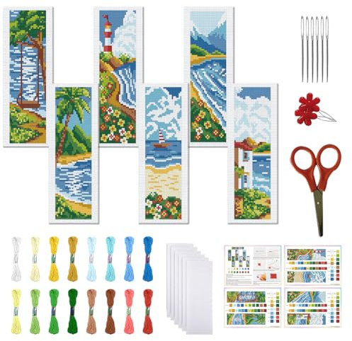 FREEBLOSS 6 Set von Coast Stamped Cross Stitch Bookmark Kits Kreuzstich Set Stick Lesezeichen Set Für Erwachsene Und Anfänger Mit Filz Stickgarn Auf Der Rückseite Für Buchliebhaber 8x2.4''