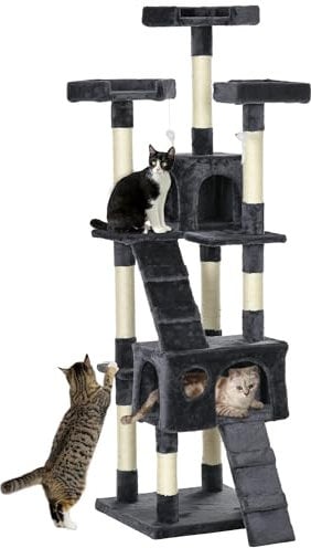 PawHut Large Cat Tree, 173 cm Cat Tower with 10 Scratching Posts, 3 Perches, 2 Condos, 1 Ramp, Kitty Climbing Tower, Activity Centre House for Indoor Kittens, Dark Grey