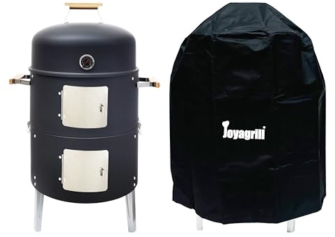 Joyagrill Barbecue fumoir de 45 cm de diamètre avec thermomètre intégré, grille d'aération et portes d'accès, grill à viande multifonction à deux couches avec 3 poignées en bambou résistantes, idéal