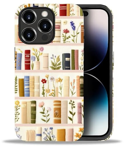 artslion Cute Handyhülle für iPhone 14 Pro hülle 6,1 Zoll,Stickerei-Bücherregal Muster Stoßfest Kratzfest Schutzhülle für iPhone 14 Pro