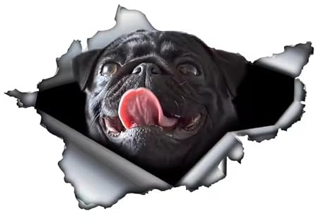 Mops Autoaufkleber, Schwarzer Mops mit herausgestreckter Zunge, 3D Zerrissener Effekt, Reflektierend Wasserdicht, PVC-Aufkleber für Auto, Laptop, Kühlschrank ((15cm/5.91inch))