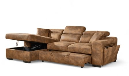 Tan Faux Leather Corner Sofa Bed with Storage, USB and Wireless Charging Dock BROWN ARTHUR - L Shaped Pull Out Sofa Bed 3 Seater for Family Living Room with Cushions, 220 x 140 cm Sleeping Area