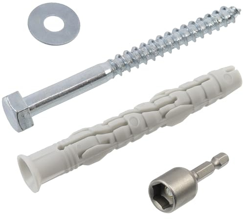 AERZETIX - Kit de 10 chevilles à collerette biseautée Ø10x80 mm en nylon + 10 vis tirefond Ø7x80 mm + 10 rondelles larges pour boulon M8 + 1 douille embout de vissage à 6 pans creux 1/4 SW12