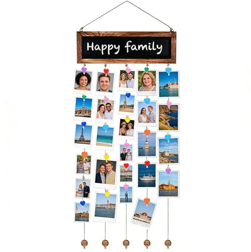 Culinavog Fotovorhang mit 30 Holzklammern klein, Bilderrahmen Collage, DIY Fotowand Fotogirlande, Bilderrahmen mit Schnur für Wohnkultur Ideal Geschenk
