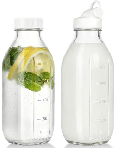 CUCUMI Moretoes 32 Oz Glass Milk Bottle with Reusable Strong Airtight Screw Lid, Reusable Glass Juice Bottles, Water Jug Breast Milk Pitcher, Buttermilk, Nut, Juice, Syrup, Coffee Creamer (2 Pack)