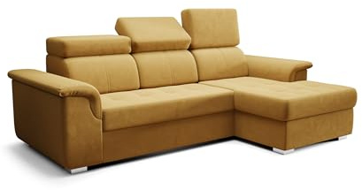 O-Sofa Ecksofa Kongo RBN06, Eckcouch in L-Form mit Schlaffunktion, Farbe: Gelb, Velourstoff, Ottomane Rechts