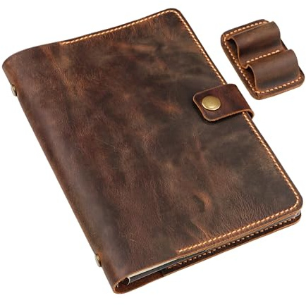 A5 Leder Notizbuch Ringbuch, nachfüllbarer Journal Organizer aus Leder | Schlankes A5 Leder Ringbuch, leicht & nachfüllbar, Doppel-Stifthalter für 2 Stifte, 80 Blatt, Kartenfach, Vintage