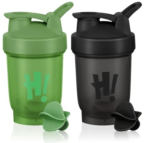 AOOWU Protein Shaker, 2PCS 350ml Proteína Shaker a Prueba de Fugas, Botella Mezcladora de Batidos de Proteínas con Bola Mezcladora, Diseño de Volteo, Adecuado para Deportes y Fitness(Verde + Negro)