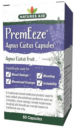 Natures Aid PremEeze Agnus Castus 400mg Supplement – 60 Capsules | Traditional Herbal Remedy for PMS Symptoms, Mood Swings, Cramps & Bloating, Vegan, THR Registered, for Women