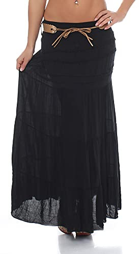 Malito – Rock Damen bodenlang aus Baumwolle mit elegantem Strickmuster & Kunstleder Gürtel – Maxi Rock lang mit breitem Bund – Luftiger Sommerrock 1116 (Schwarz 34-40)