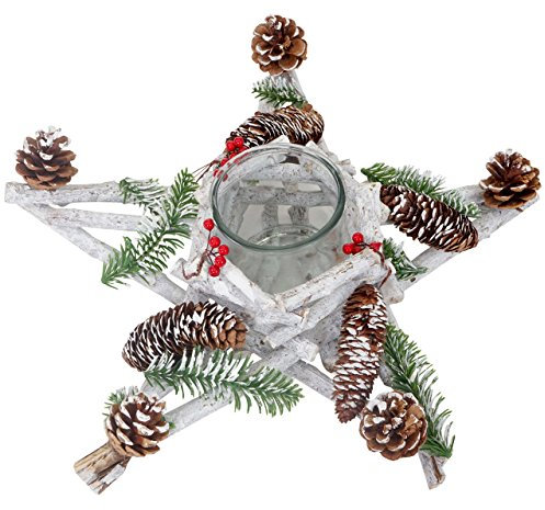 Adventskranz Stern, Weihnachtsdeko Tischdeko, Holz mit Kerzenglas 40x40x12cm weiß-grau