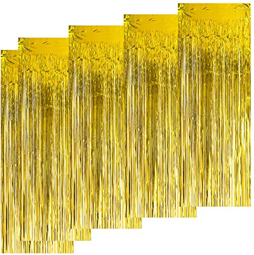 Kioneer Metallic Tinsel Curtains Gold 5 Packs 3 ft x 10 ft, Foil Fringe Curtains for Photo Backdrop Door Wall Hanging Window Curtain Party Office Decoration christmas Decoration