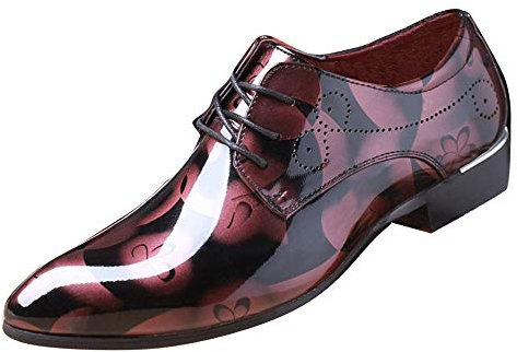 Abito da uomo alla moda scarpe da lavoro a punta in pelle verniciata floreale con lacci Oxford nero marrone rosso grigio, Fiore rosso., 42.5 EU