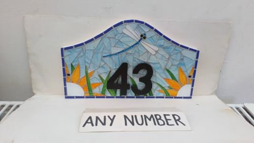 Dragonfly Coloured Glass Mosaic House Number Plate Plaque Door Sign Choose Number