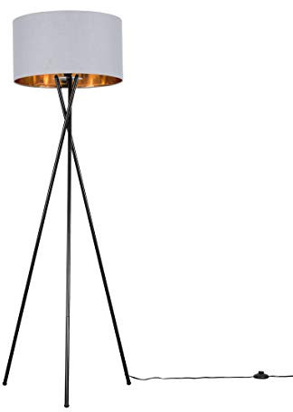 Modern Gloss Black Metal Tripod Floor Lamp with a Grey & Gold Cylinder Shade - Complete with a 6w LED Bulb [3000K Warm White]