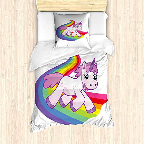 ABAKUHAUS Unicorn Fitted Sheet, Fairy Creature Rainbow, Decorative 2 Piece Bedding Set with 1 Pillow Sham, 135 cm x 200 cm - 80 x 80 cm, Lilac White