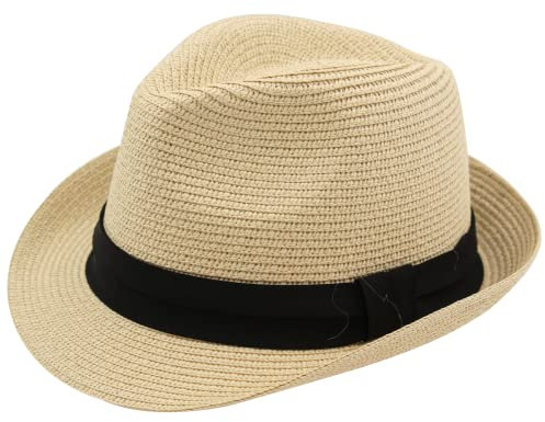 Carnavalife Strohhut für Herren und Damen, Fedora Borsalino, Trilby, Panama-Kappe, Sommer, Strand, kurze Krempe, modisch, Unisex, Beige, Größe 57, beige, 57