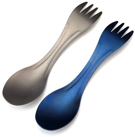 Ccanku 2 Pack Titanium Long Handle Spork and Spoon, Camping Cutlery, 2 in 1, 2 Sets of 2 Pieces Each