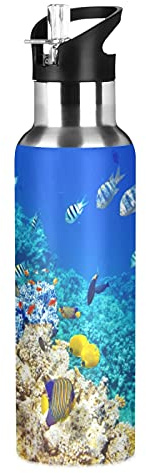 Vnurnrn Poisson De Mer Bleu Algue Bouteille d'eau Isotherme avec Paille en Acier Inoxydable Gourde 600ML, Sans Bpa Gourdes Eau pour Enfant Sport Randonnée École Bureau