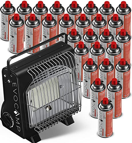 EVOCAMP tragbare Gasheizung und Gaskocher 2-in-1, mit 28 Gaskartuschen 227 g, Typ MSF-1a, Camping Heizung mit hoher Leistung 1,7 kW, Gas Heizstrahler für Terrasse