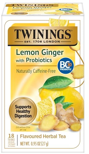 Twinings Superblends Probiotics+ Lemon & Ginger Flavoured Herbal Tea with Turmeric, Caffeine-Free, 18 Count (Pack of 1), Enjoy Hot or Iced, 18 Teabags
