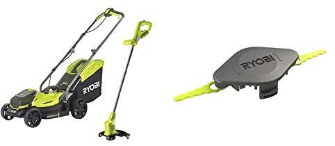 Ryobi 18V ONE+ Cordless Lawnmower and Grass Trimmer Kit (1 x 4.0Ah) & Double Serrated Blades Head for RAC155 Edger Black