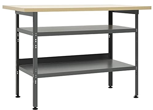 Werkbank Packtisch aus Metall & Spanplatte, Werktisch mit Arbeitsplatte & 2 Ablagen, höhenverstellbare Einlegeböden, Justierfüße, Werkstatt Arbeitstisch, Grau 120x60x85 cm