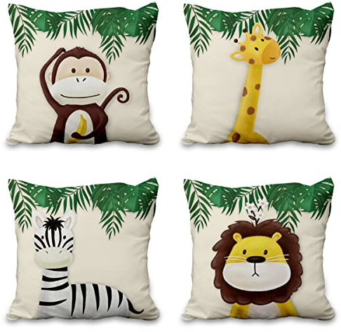 Aoihrraan 51x51cm 4er Set Süß Karikatur Tier Dekorativ Kissenbezug Wald AFFE Giraffe Blumen Pflanze Beige Quadratische Sofakissen Baby Dekokissen Aus Leinen Kinder Party Schlafzimmer Sofa Bett Auto