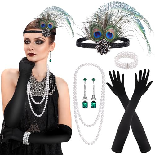 PLULON 7-teiliges 1920er Flapper Great Gatsby Accessoires-Set Fashion Roaring 20's Theme Set mit Stirnband, Kopfbedeckung, langen schwarzen Handschuhen, Halskette, Ohrringen für Damen (Stil 5)