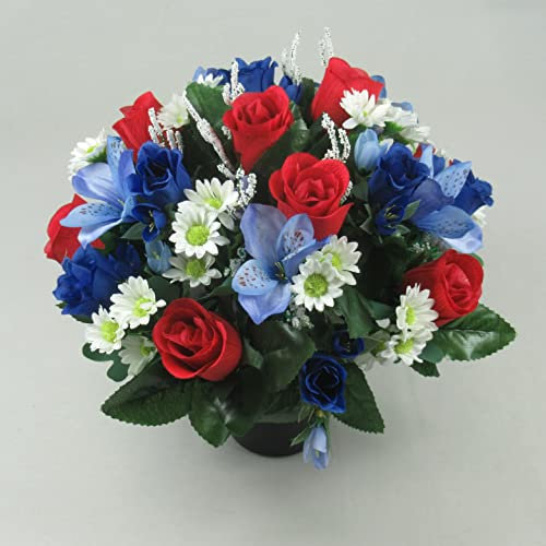 Just Because Flowers Artificial Grave Flower Arrangement with Red Roses, Blue Alstromeria and White Daisies