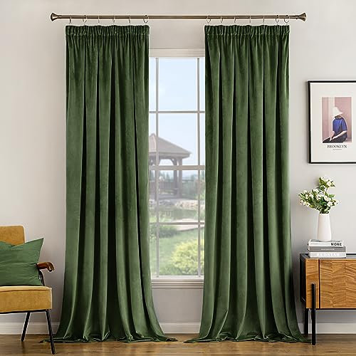 Woaboy Pencil Pleat Velvet Green Curtains 90 Drop for Living Room Luxury Soft Drapes for Bedroom Window Treatment for Thermal Insulated & Room Darkening Olive Green W 46 x L 90, 2 Panels