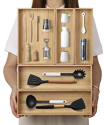BAMOTTO - Juego de 5 organizadores de cajones de bambú, utensilios de cocina, cubiertos y cubiertos, organizador de cajones apilable laminado de madera para cocina, dormitorio, sala de estar