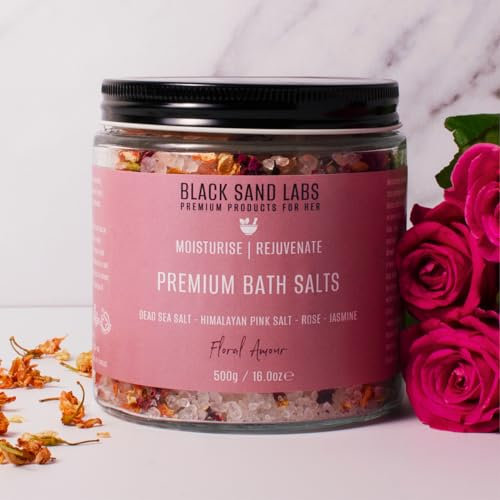 Black Sand Labs Premium Bath Salts for Her, Luxury Blend of Dead Sea & Himalayan Pink Salt, Rose Petals and Jasmine That Moisturises and Rejuvenates Skin, Luxury Bath Salts for Women (Floral Amour)