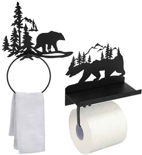 Funrous 2 pezzi Bear carta igienica e porta asciugamani orso nero porta carta igienica con mensola montaggio a parete foresta fattoria porta asciugamani bagno rustico portasciugamani da bagno anelli